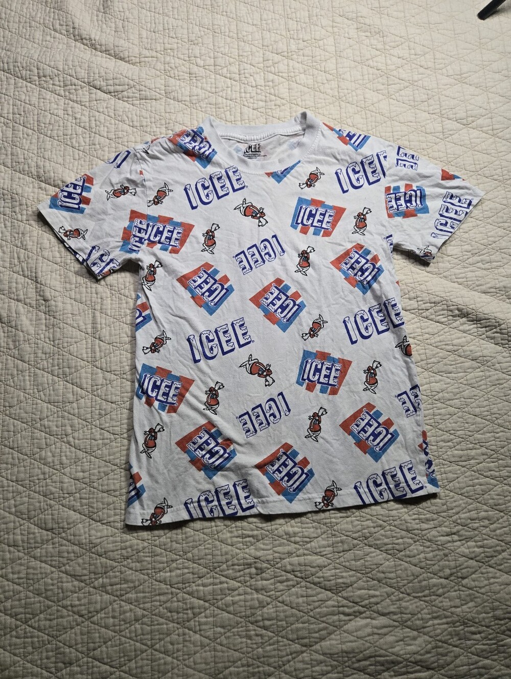 Ice Kids All-Over Logo Tee in White with Blue & Red Print